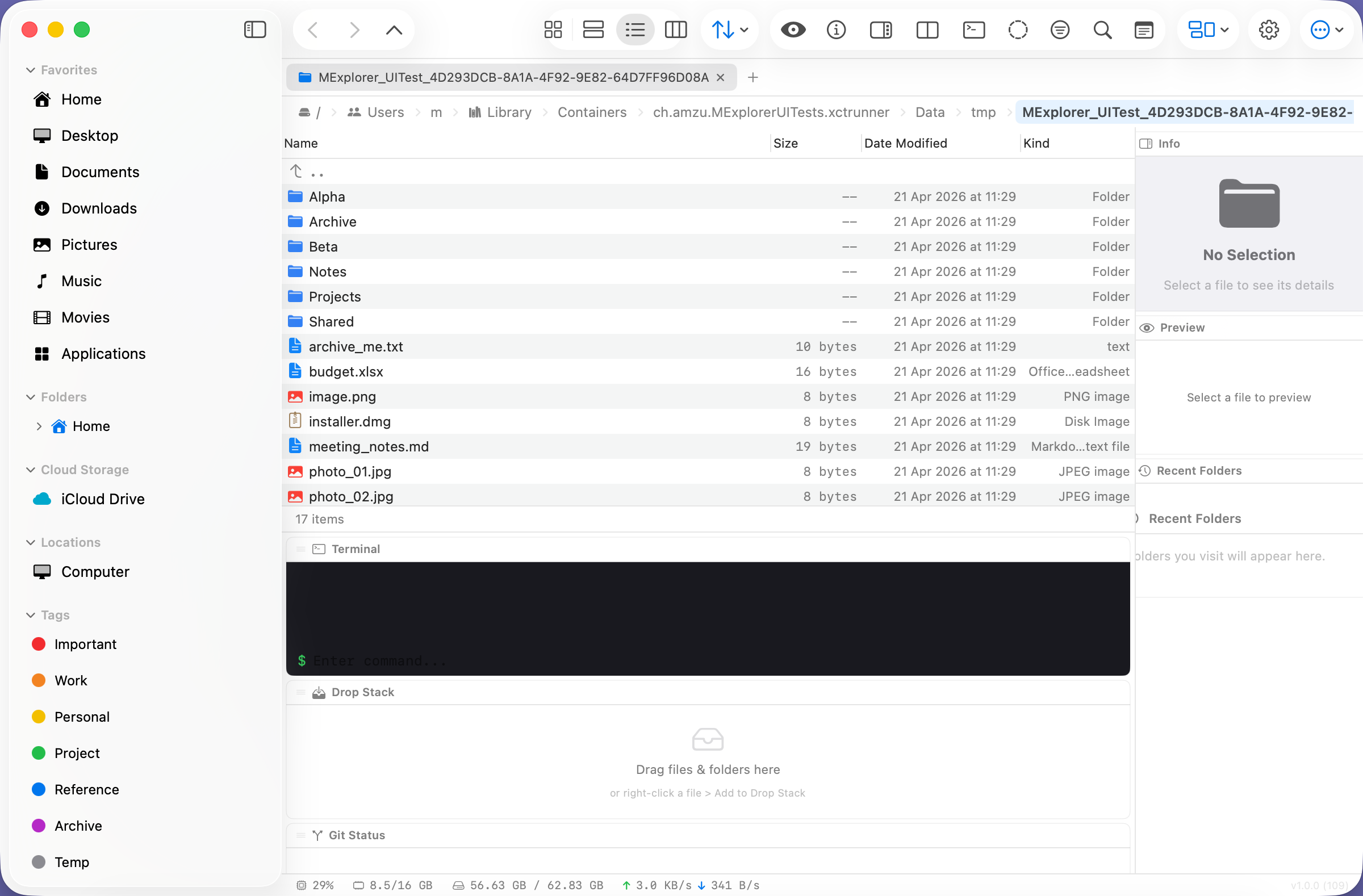 MExplorer sidebar with collapsible sections
