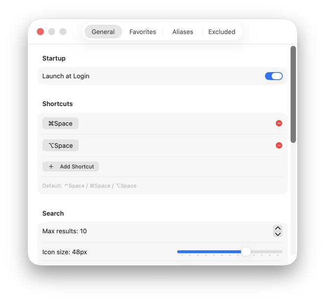 MLaunchy Settings window showing the General tab with Startup, Shortcuts and Search sections