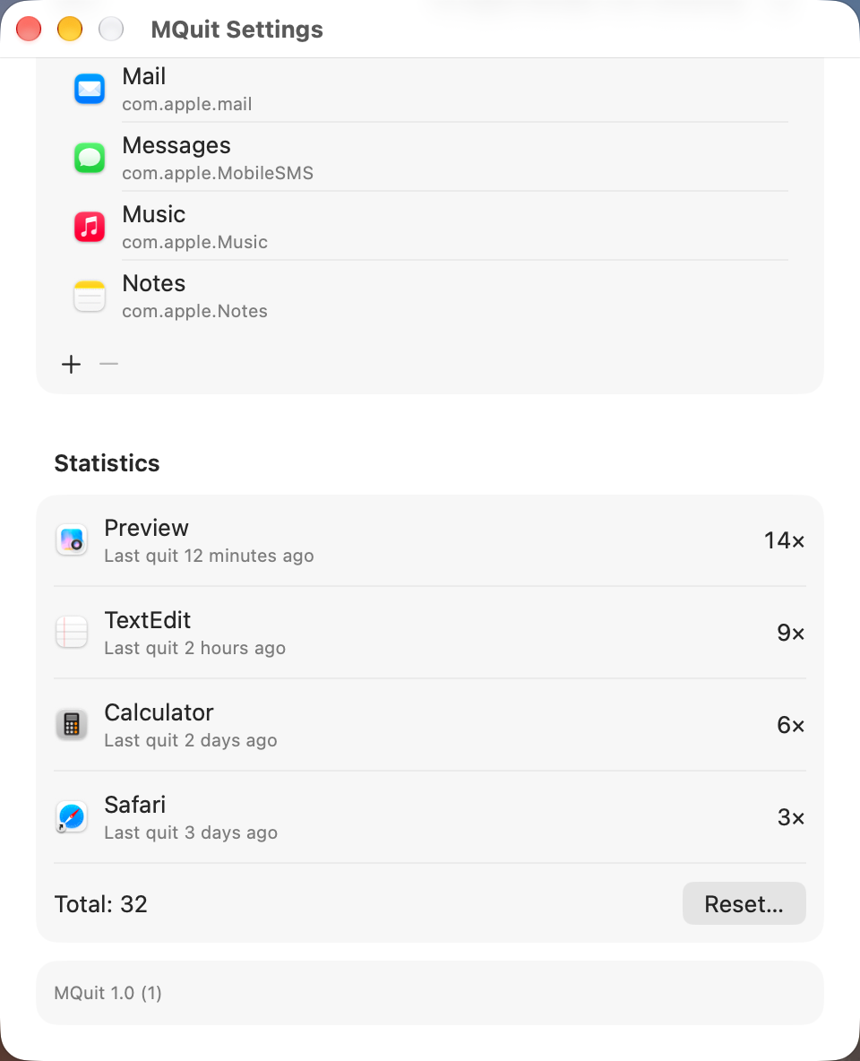 MQuit Statistics section: Preview quit 14 times, TextEdit 9, Calculator 6, Safari 3, each with when it was last quit; Total 32 and a Reset button