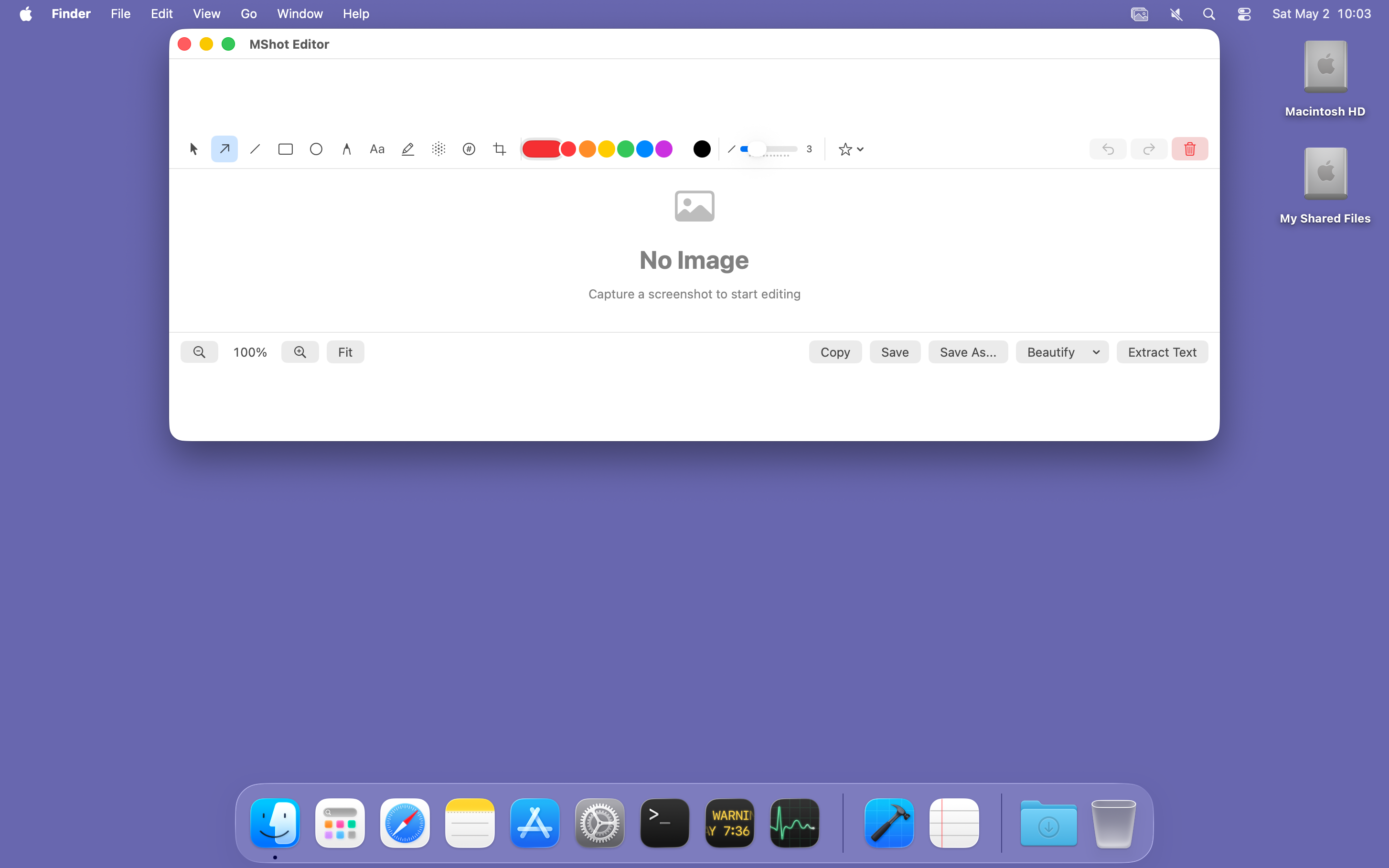 MShot editor showing the annotation toolbar (arrow, line, shapes, text, highlight, blur, numbered steps), color palette, and Copy / Save / Beautify / Extract Text actions